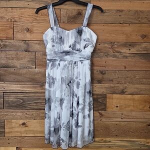 Floral Party Dress Gray White Stretch Sheer Overlay Tank Cocktail Fit & Flare